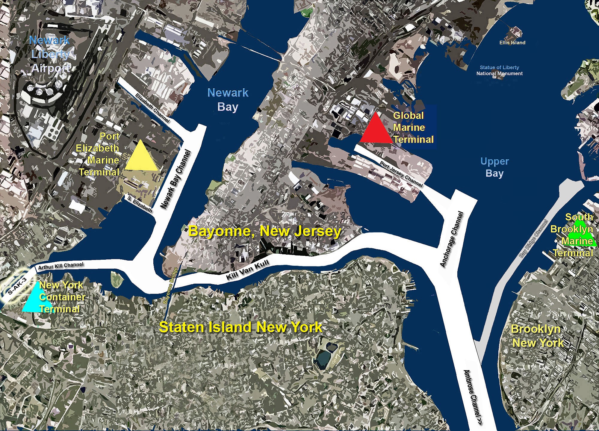Map of Staten Island and northern New Jersey showing navigation channels